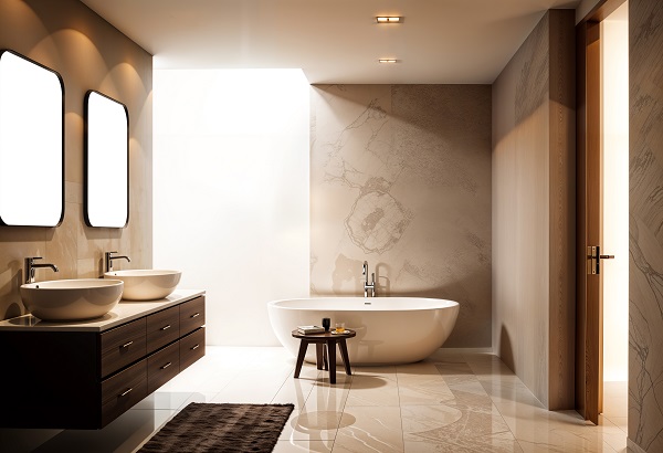 Colori caldi e finiture metalliche: il ritorno del bagno accogliente